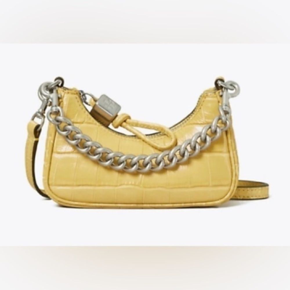 NWT Tory Burch Mercer Embossed Nano Crossbody Bag Beeswax Yellow Mini Chain Croc